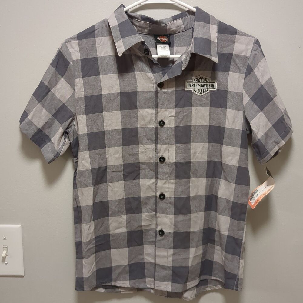 NEW Harley Davidson Grey Gray Checkered Button Up Shirt - Youth Boys Size 12/14
